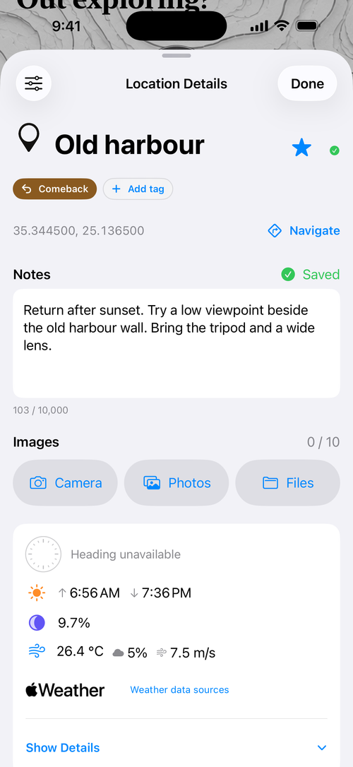 Old harbour example with a Comeback tag, a saved return note, coordinates, and light and weather information; Premium notes-first layout