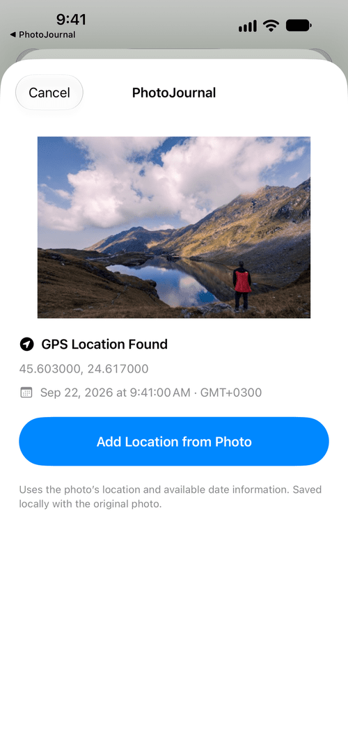 PhotoJournal share preview with the original photograph, GPS location and available capture time