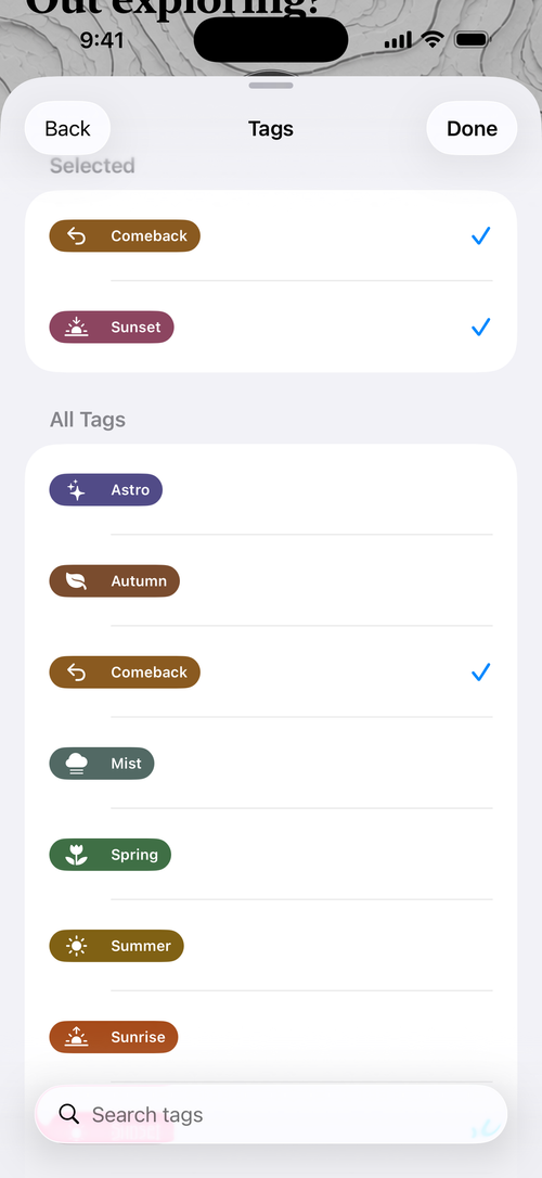 Photographers Journal Premium tag picker with selected Comeback and Sunset tags and reusable seasonal tags