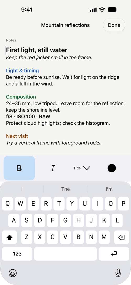 Photographers Journal Premium Rich Notes with headings, bold, italics and coloured text