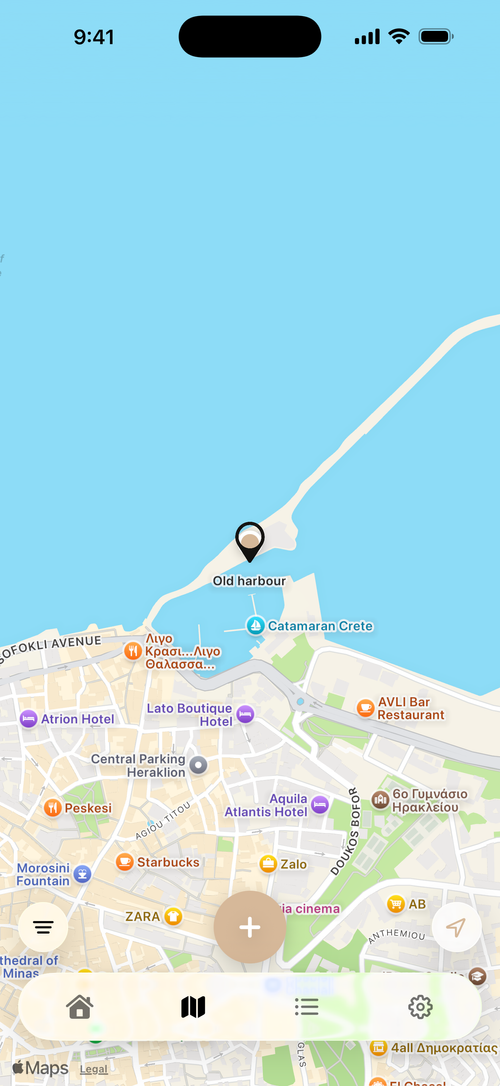 Photographers Journal personal map with a saved example at the old harbour in Crete