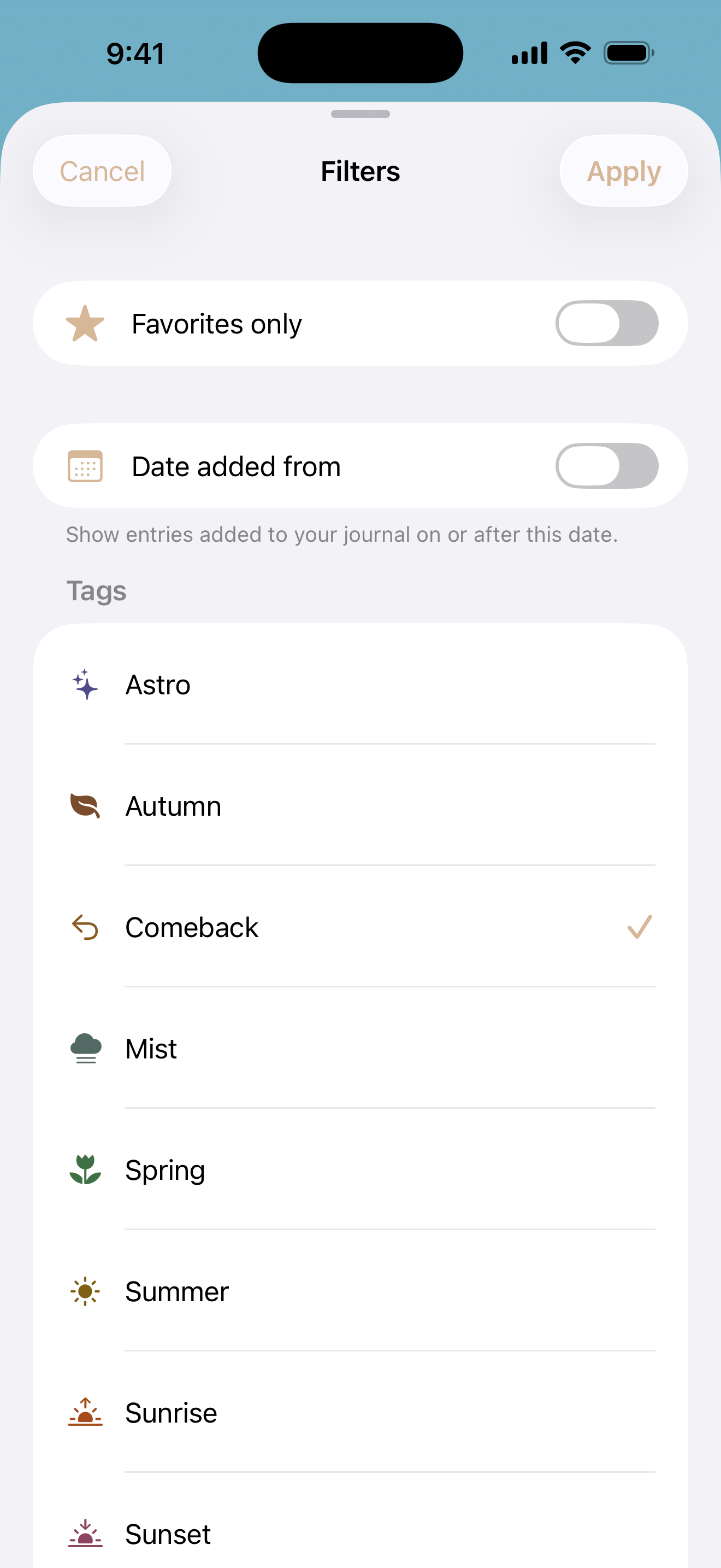 Photographers Journal Filters with Comeback selected; favourites and date-added filters are also shown