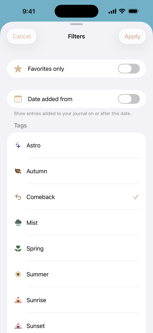Photographers Journal Filters with Comeback selected; favourites and date-added filters are also shown