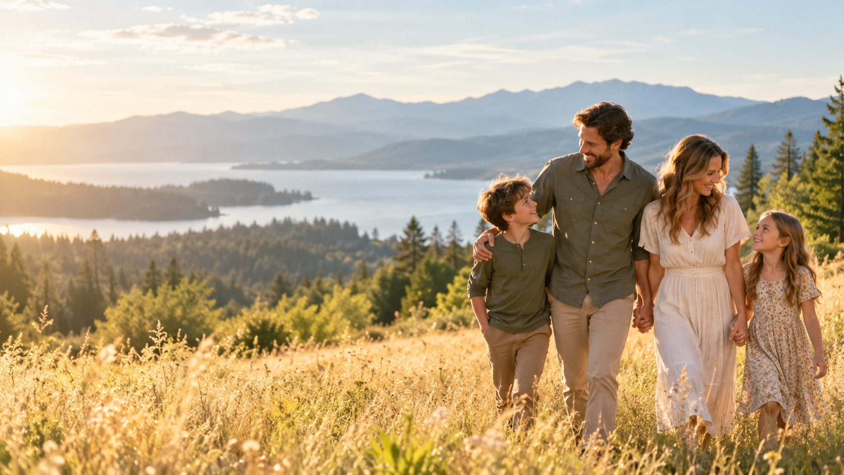 A family sharing a joyful walk through a sunlit meadow