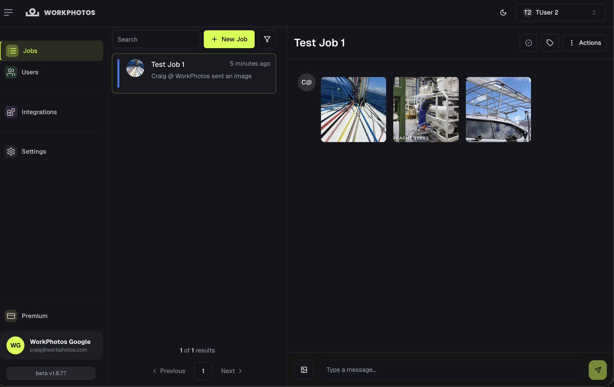 WorkPhotos web app showing Test Job 1 with uploaded job photos