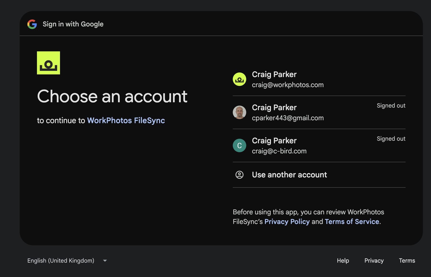 Google sign in screen asking the user to choose an account for WorkPhotos FileSync