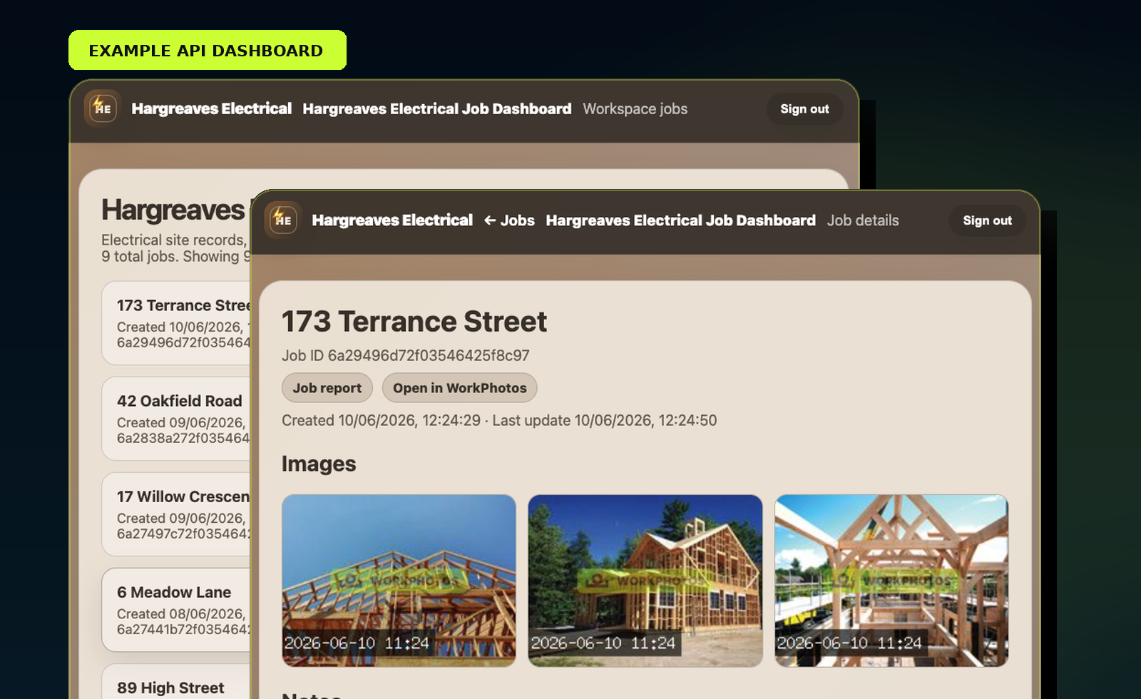 Example dashboard showing job list and job details from WorkPhotos API