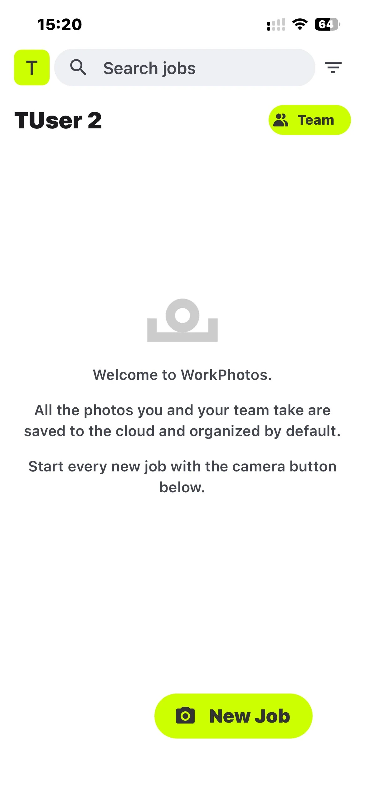 WorkPhotos mobile app home screen with New Job button