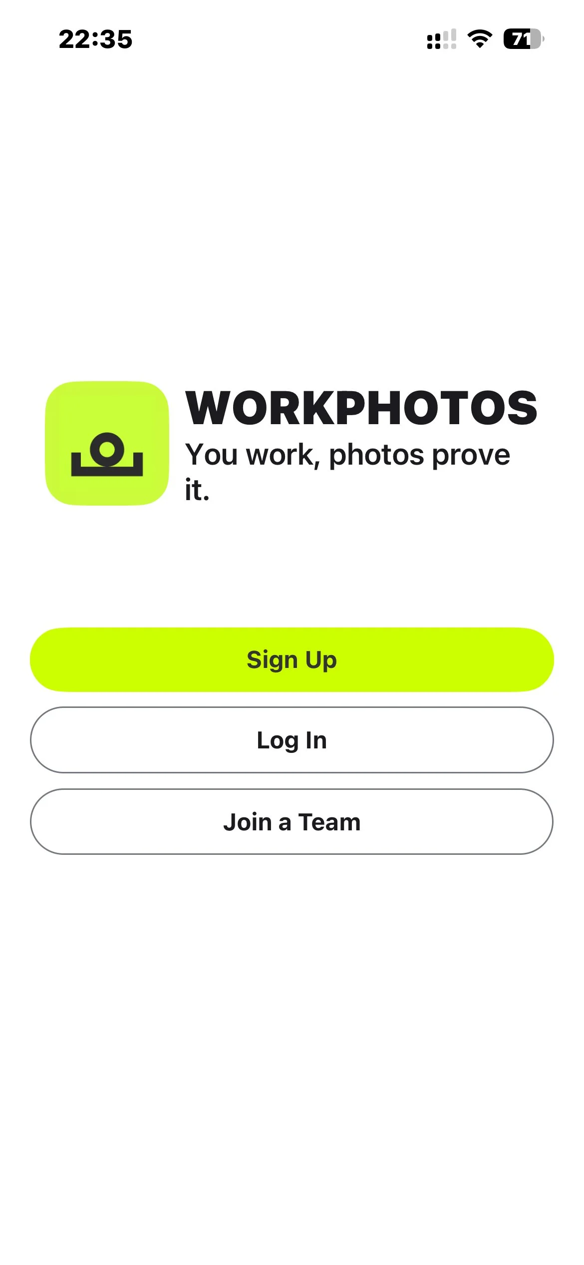 WorkPhotos app welcome screen showing the Log In button