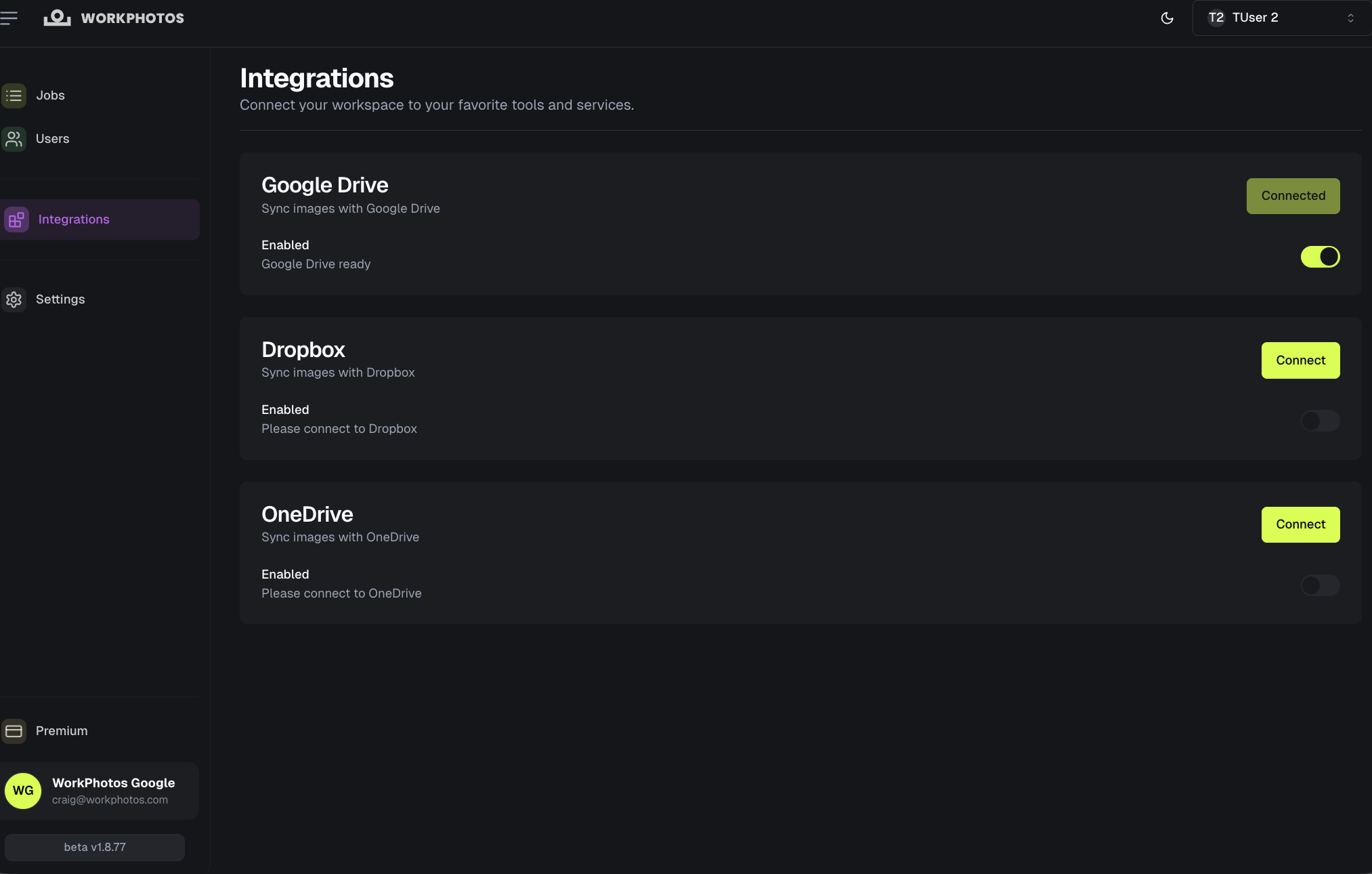 WorkPhotos integrations screen showing Google Drive connected and enabled