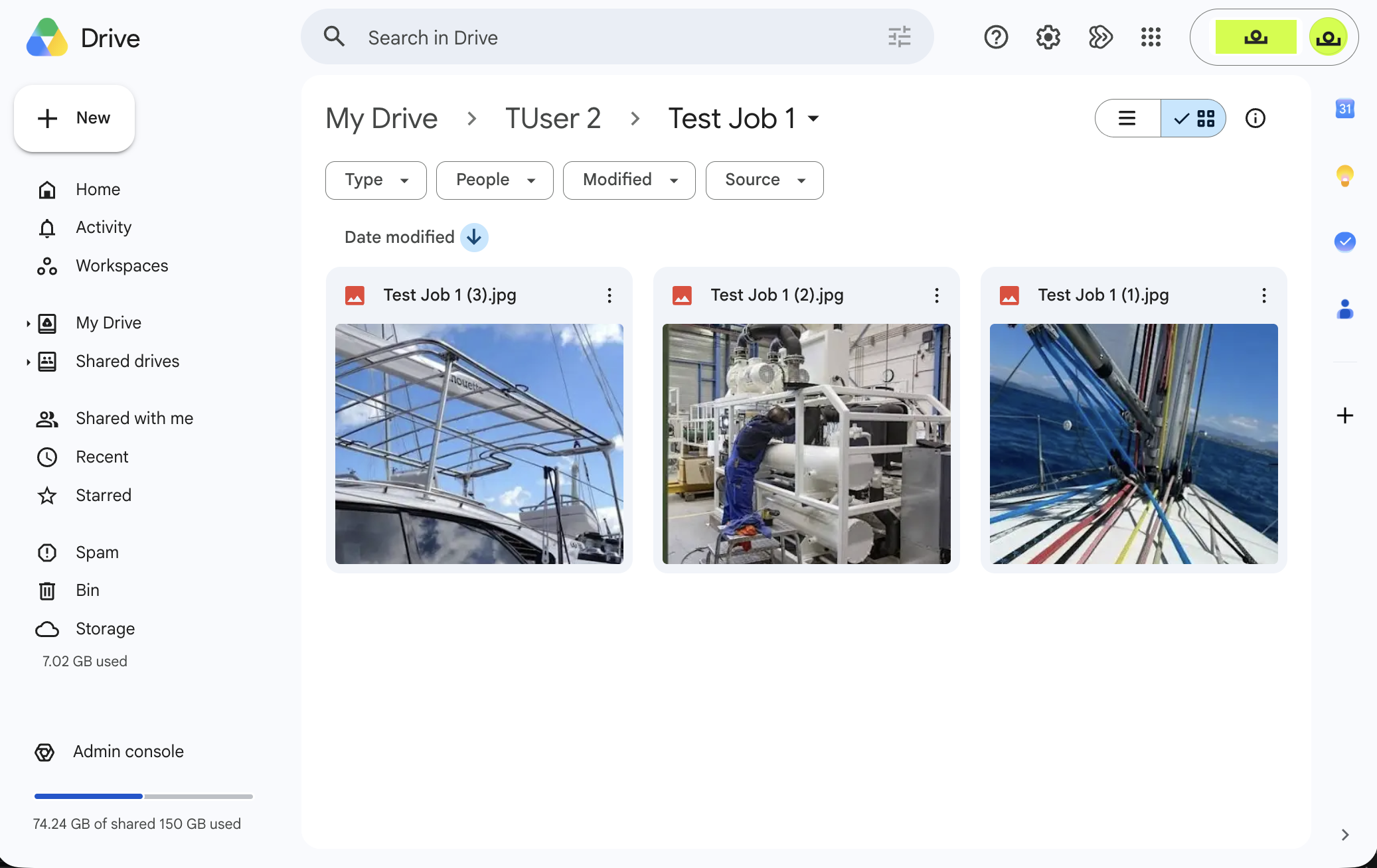 Google Drive folder showing synced photos from Test Job 1