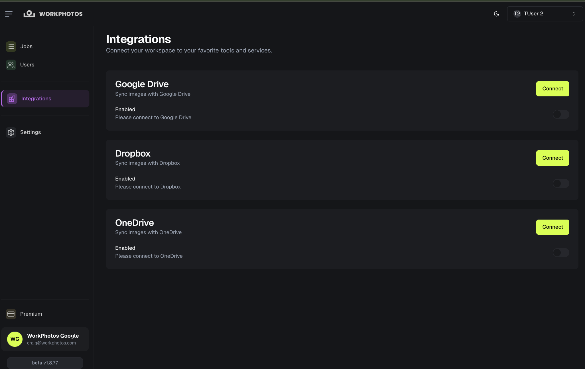 WorkPhotos web app integrations screen showing Google Drive, Dropbox and OneDrive connection options