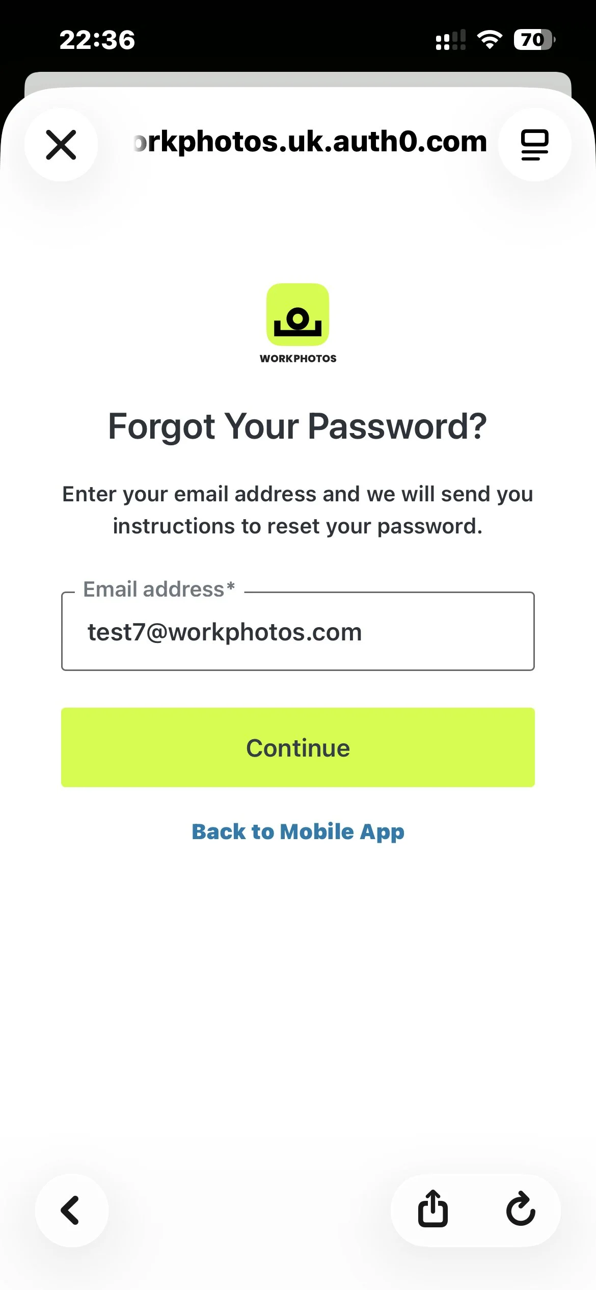 Forgot your password screen showing email address and Continue button