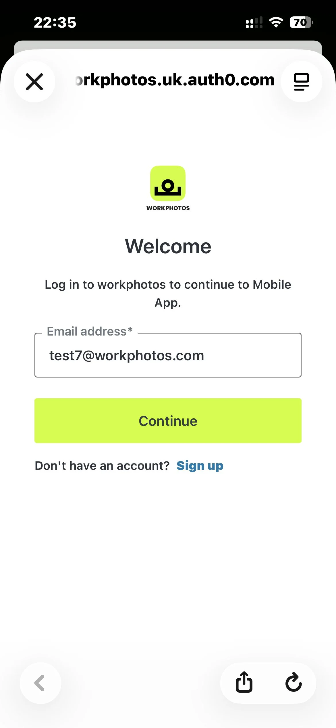 Email address screen in WorkPhotos login