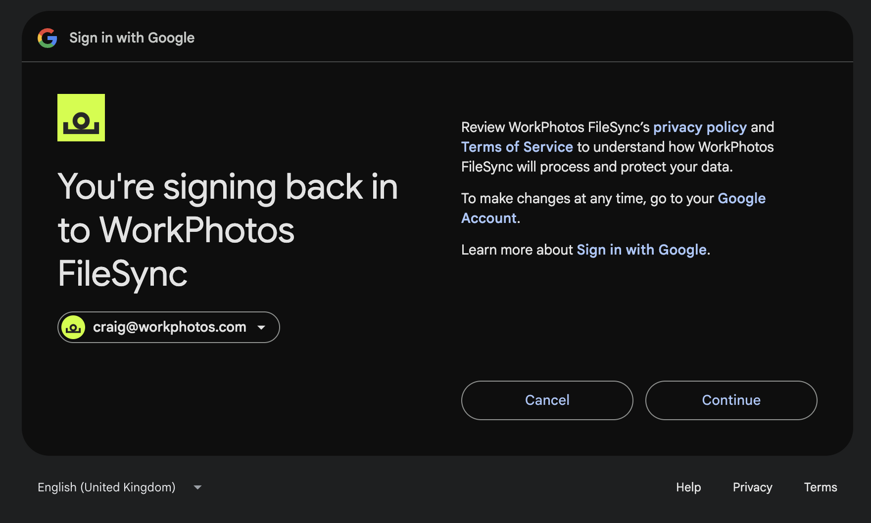 Google confirmation screen showing the user signing back in to WorkPhotos FileSync