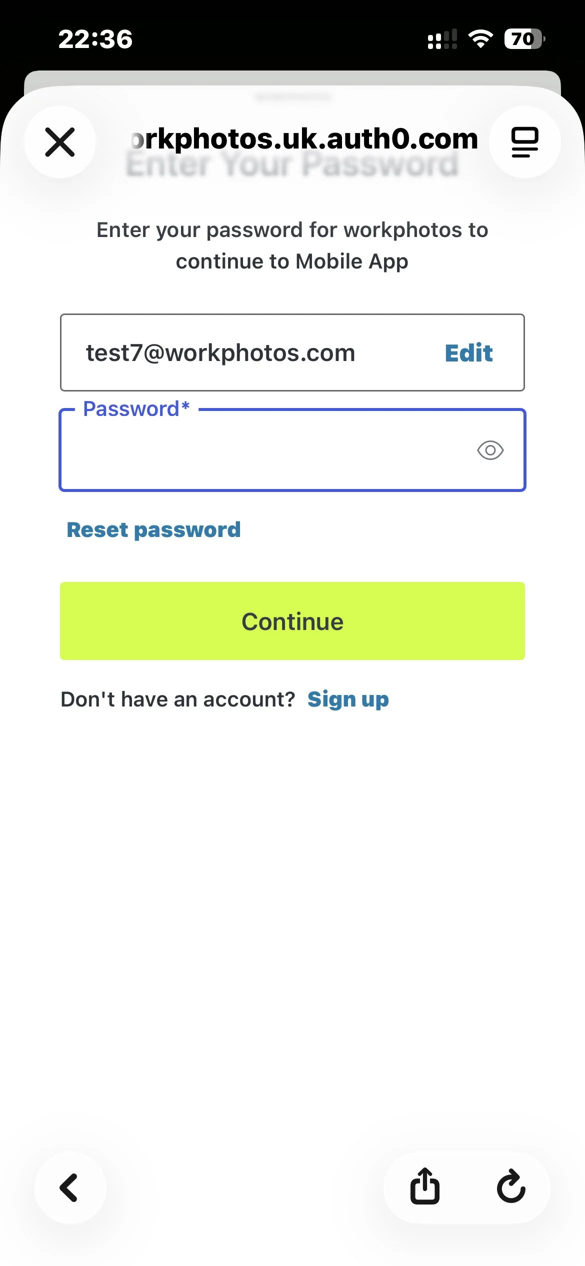 Password screen showing the Reset password link