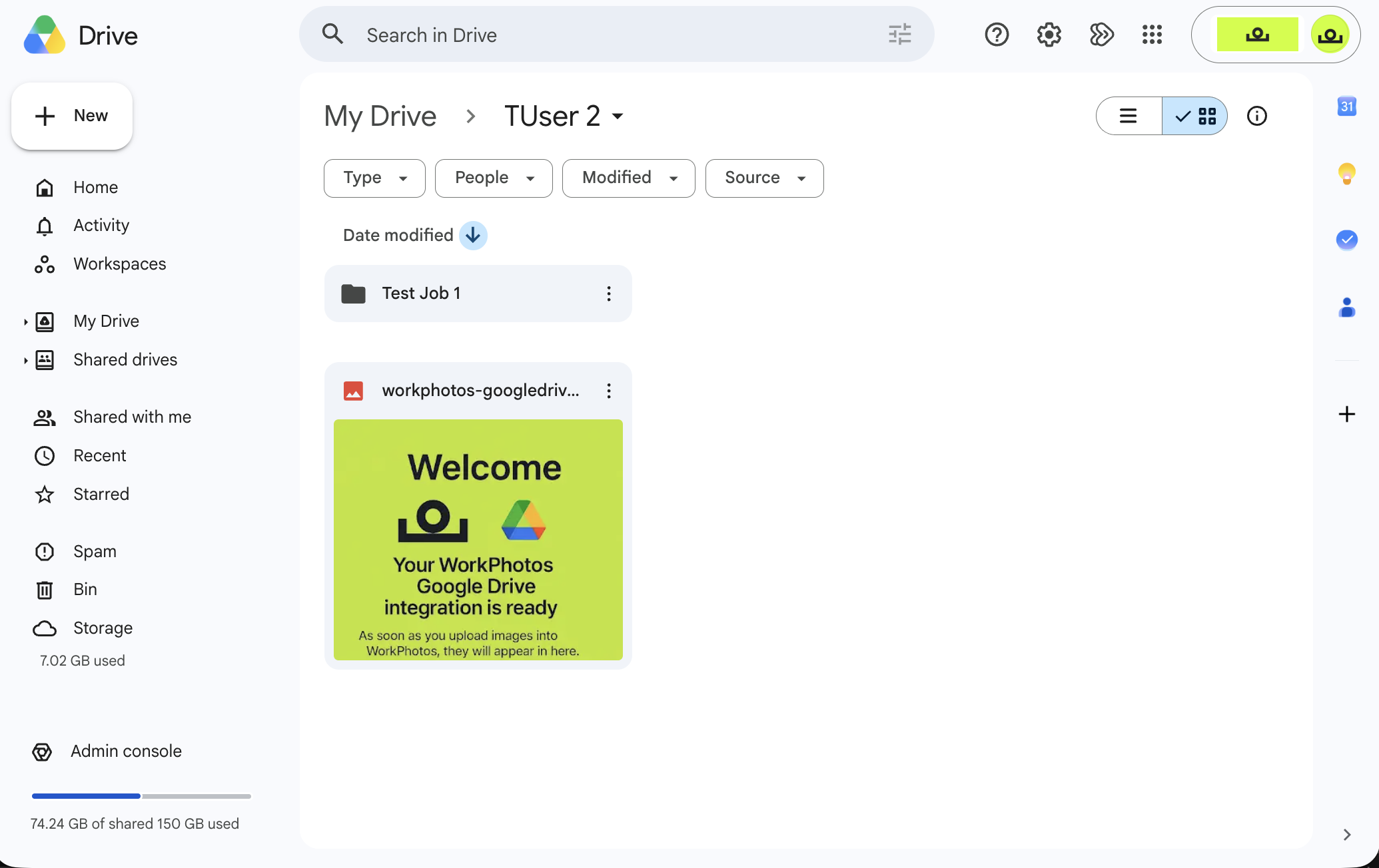 Google Drive showing a WorkPhotos folder and a Test Job 1 folder