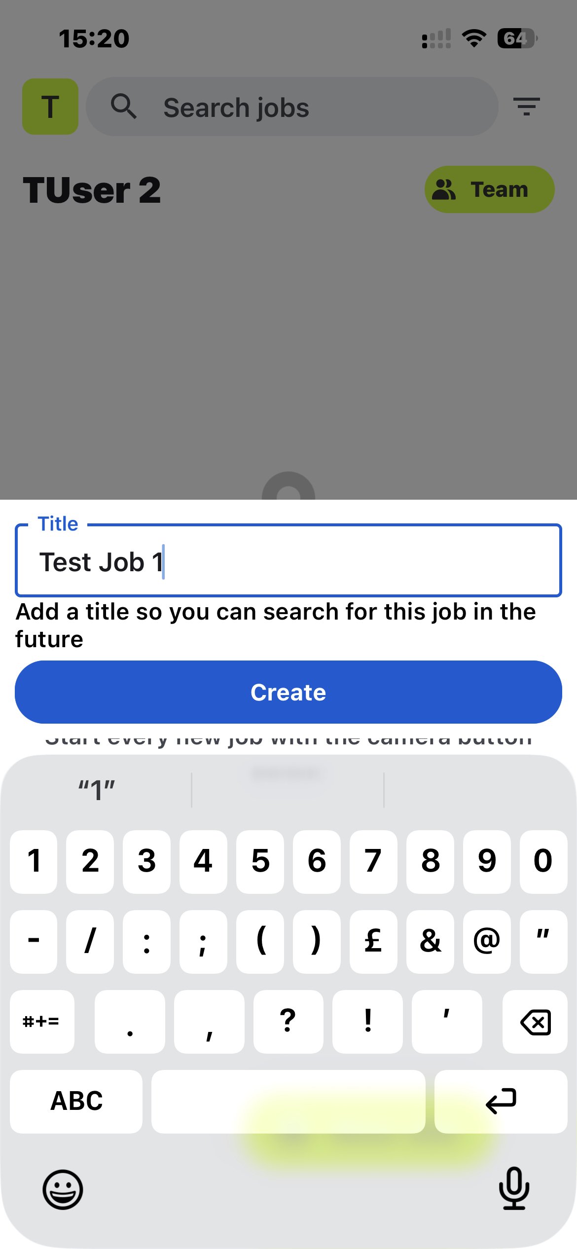WorkPhotos mobile app screen creating a new job called Test Job 1