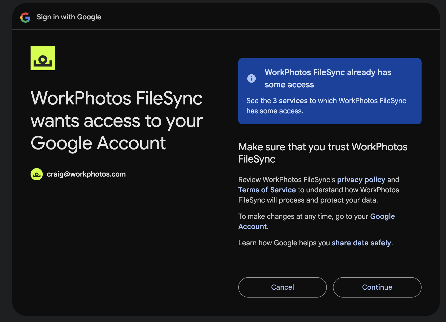 Google access screen for WorkPhotos FileSync