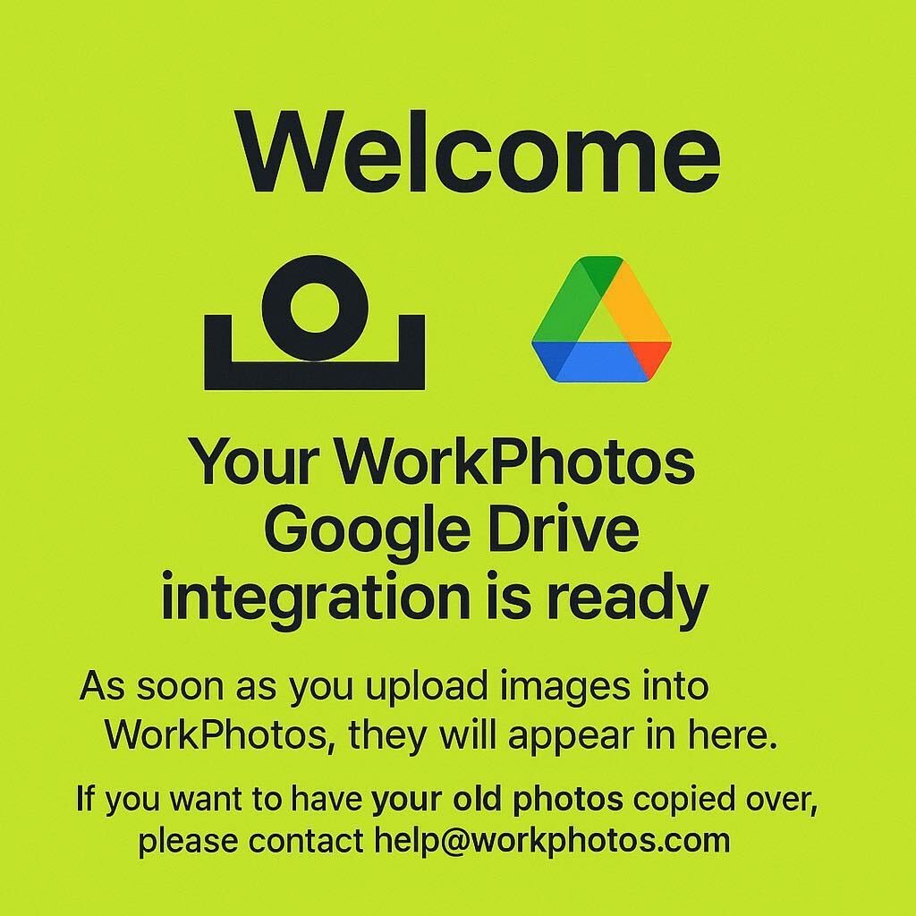 WorkPhotos Google Drive integration welcome image showing that the integration is ready