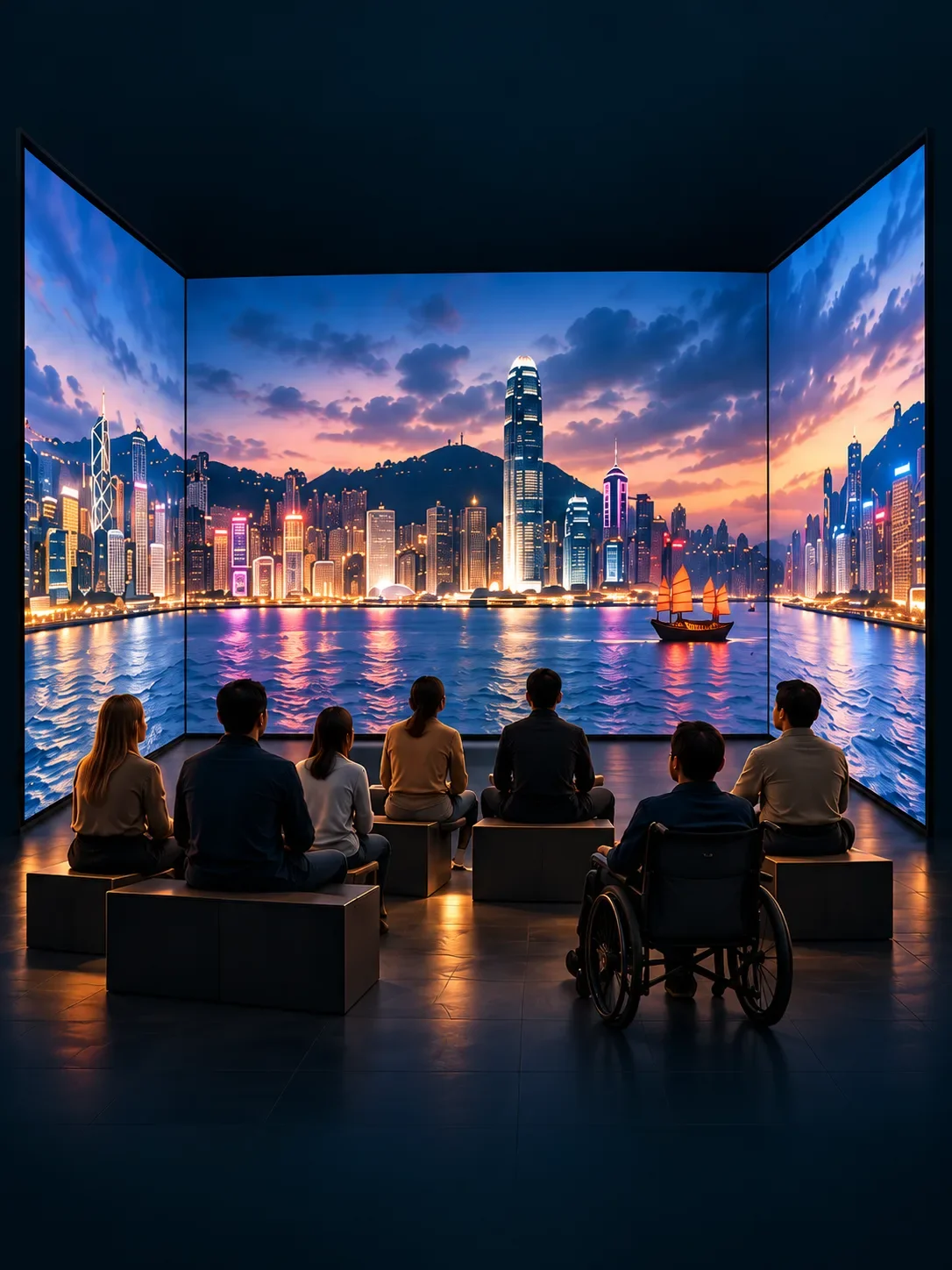 Concept visualization of an audience watching a harbour in a three-sided projection space