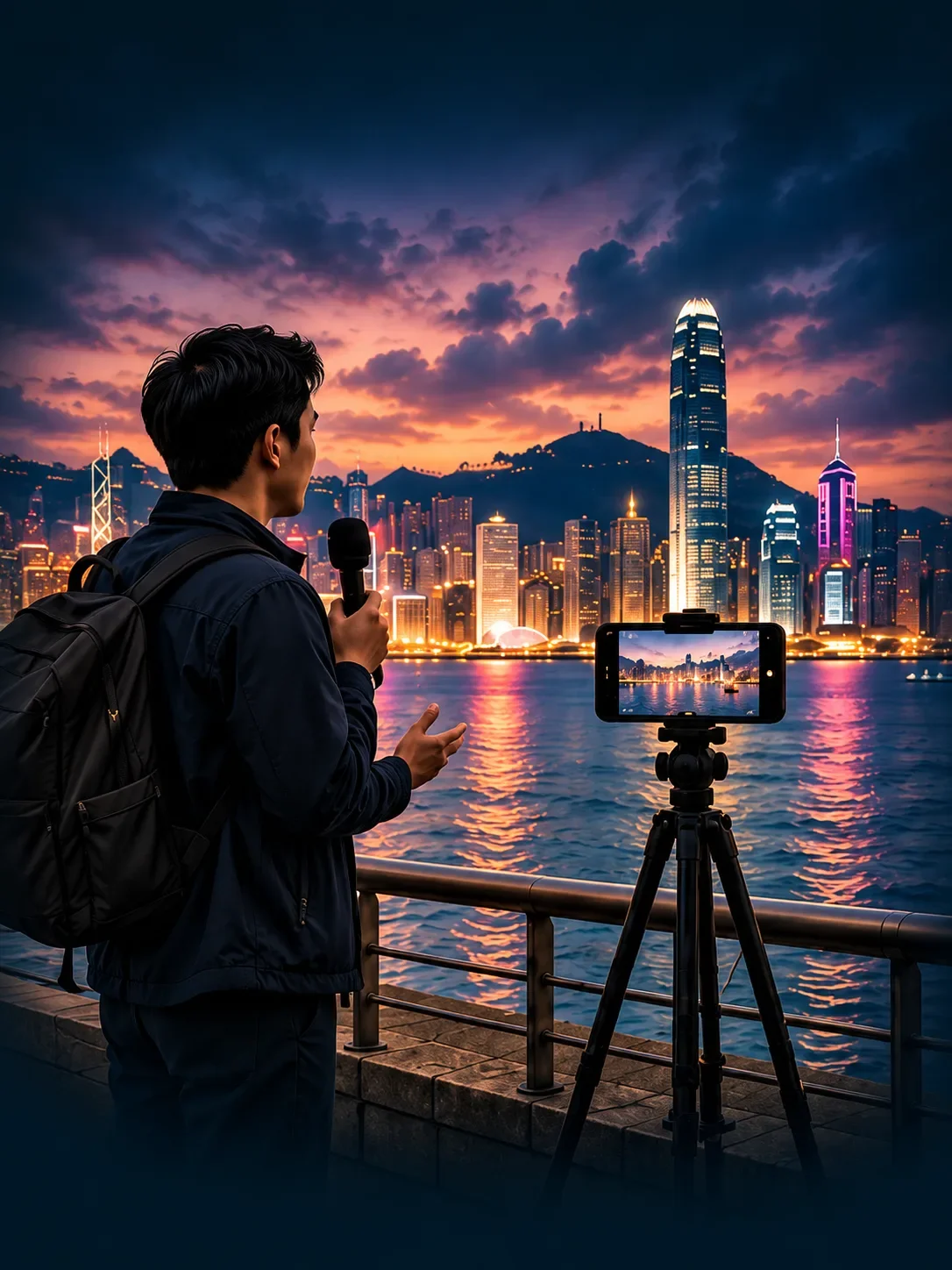 Concept visualization of a guide capturing Hong Kong harbour with a phone and microphone
