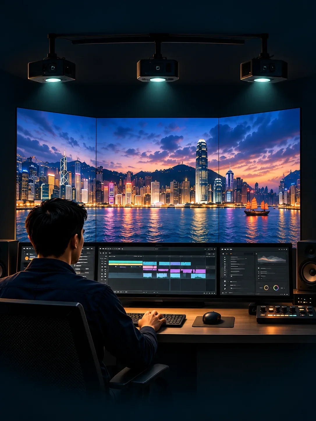 Concept visualization of a media operator preparing imagery for three projection surfaces