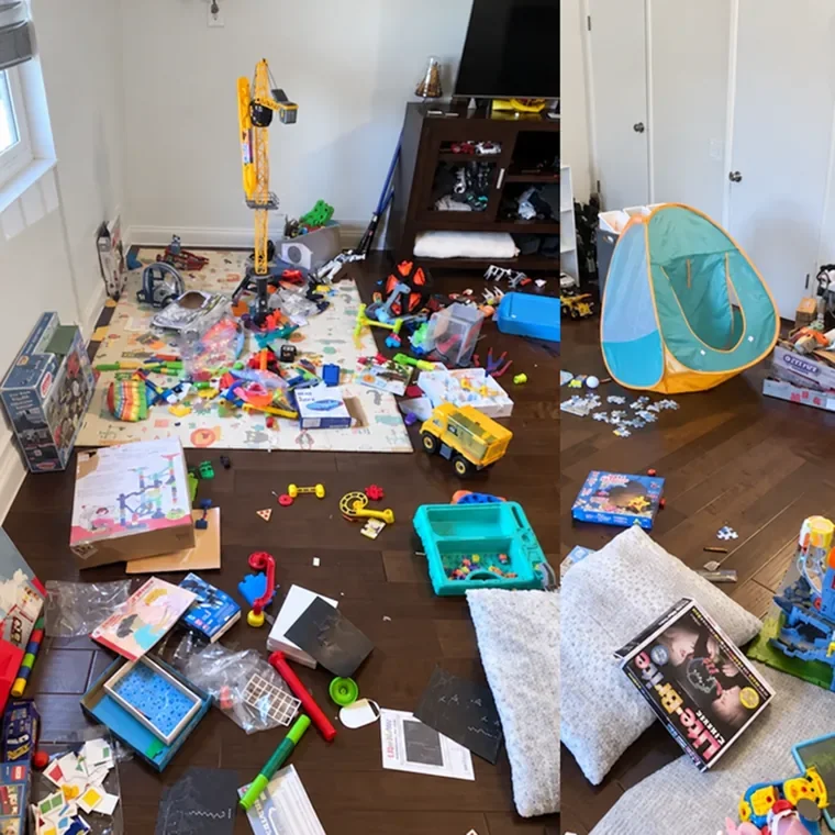 Before: shared guest room and playroom without a storage system.
