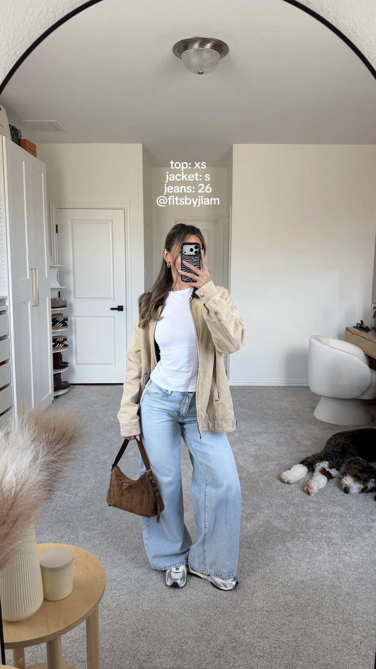 White Tee, Tan Jacket