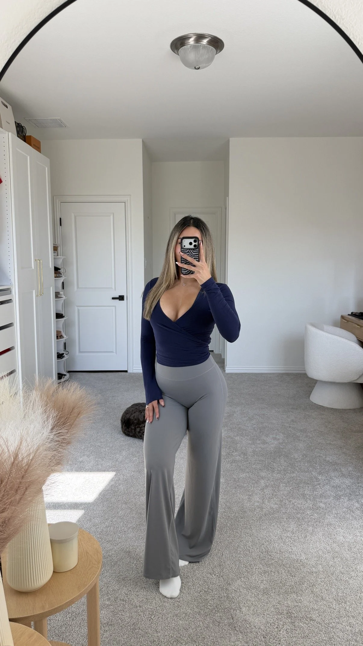 Navy Wrap Top & Grey Wide Leg