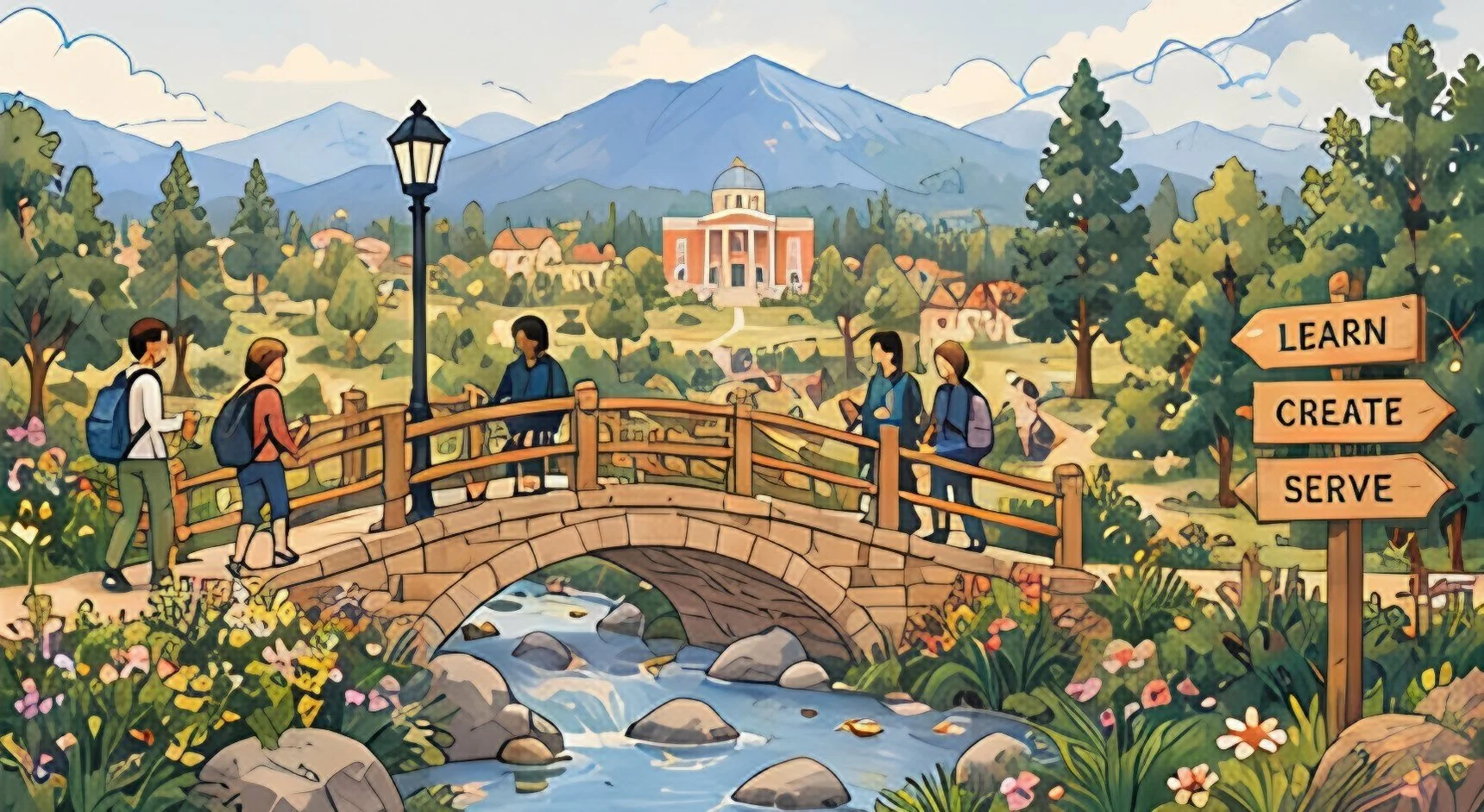 Neighbors crossing a stone footbridge into town past a signpost reading Learn, Create, Serve.