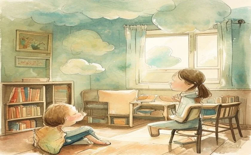 Watercolor calm classroom reading corner with a child breathing