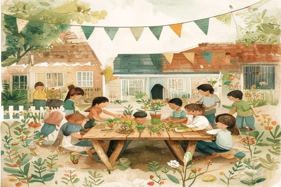 Illustrated community garden with volunteers and children planting together