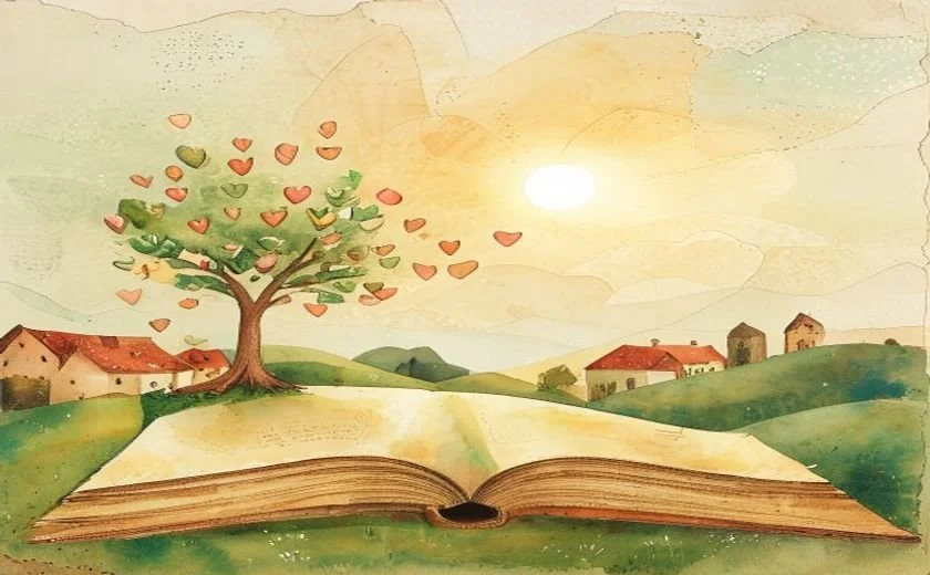 Watercolor tree with heart-shaped leaves growing from an open book at sunrise