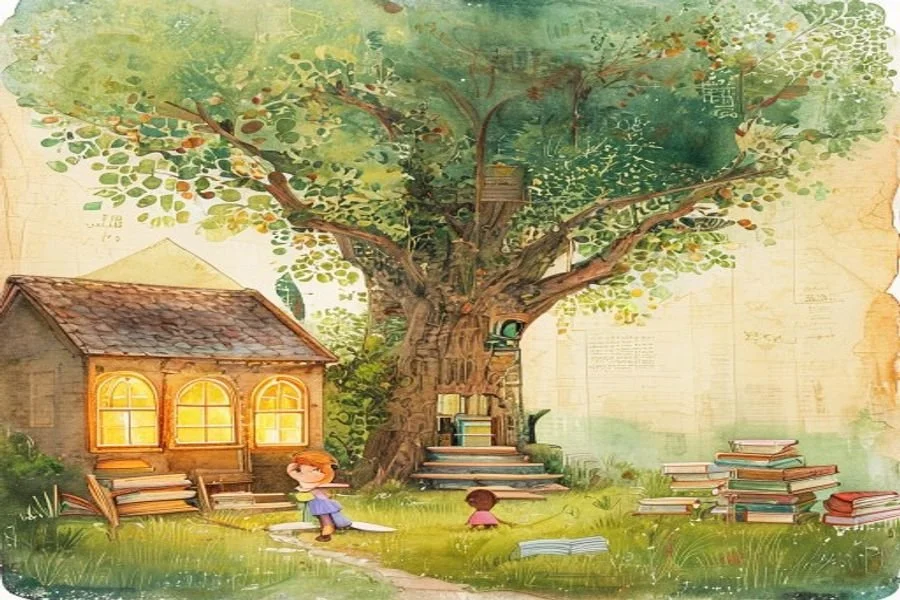 Illustrated cozy schoolhouse with glowing windows and a big reading tree