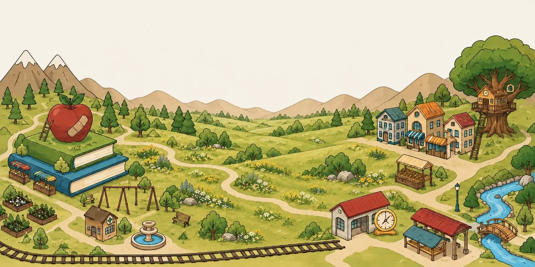 The Story of You world in watercolour: a giant apple on a stack of books, a park with swings, a train depot by a river, a schoolhouse village and a treehouse