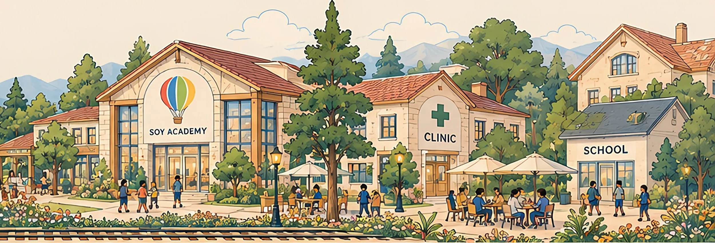 SOY Academy, with its hot-air-balloon emblem, beside a clinic and a school, with students and families on the street in front.