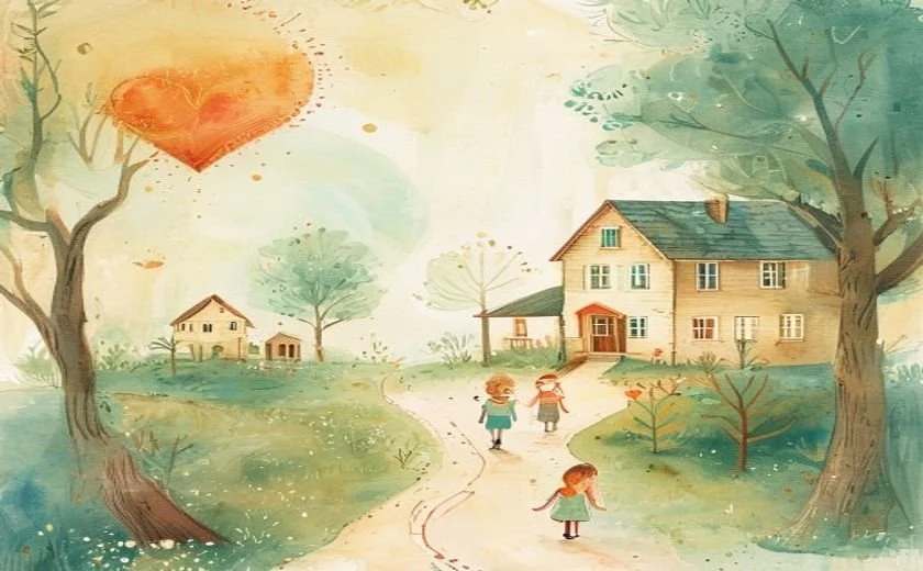 Watercolor scene linking a school and a wellness clinic with a heart
