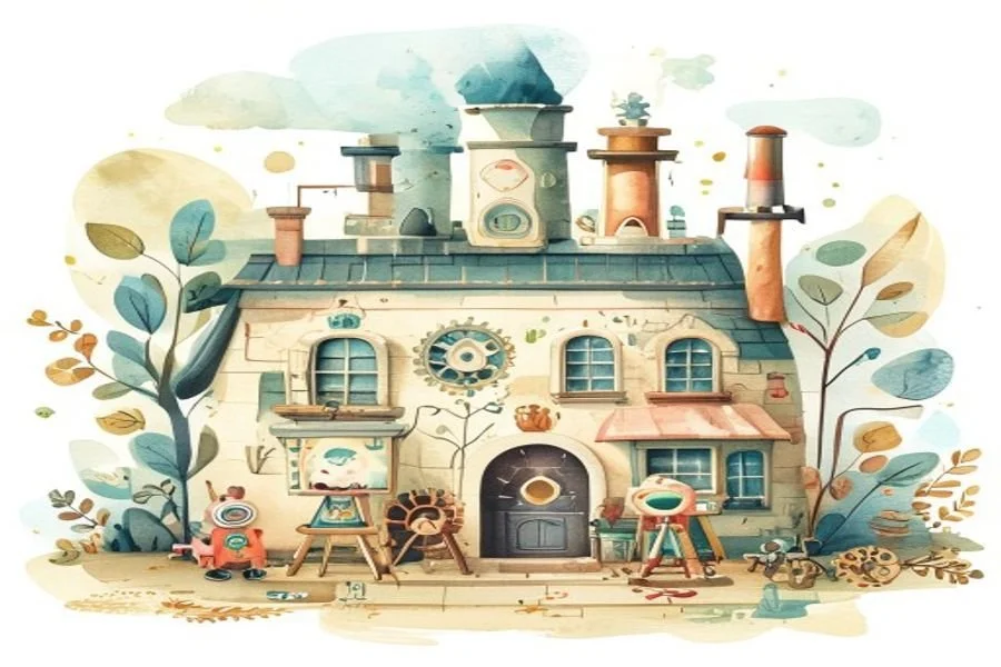 Illustrated STEAM workshop with a little robot, easel and science tools
