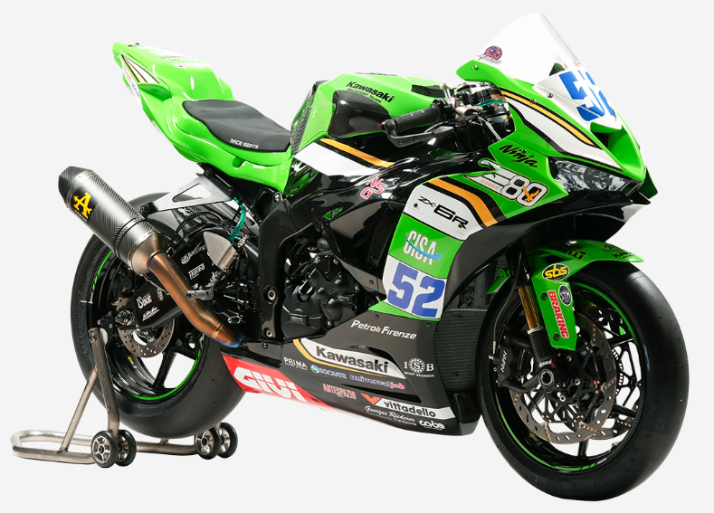 Number 52 Kawasaki ZX-6R race motorcycle on a rear paddock stand