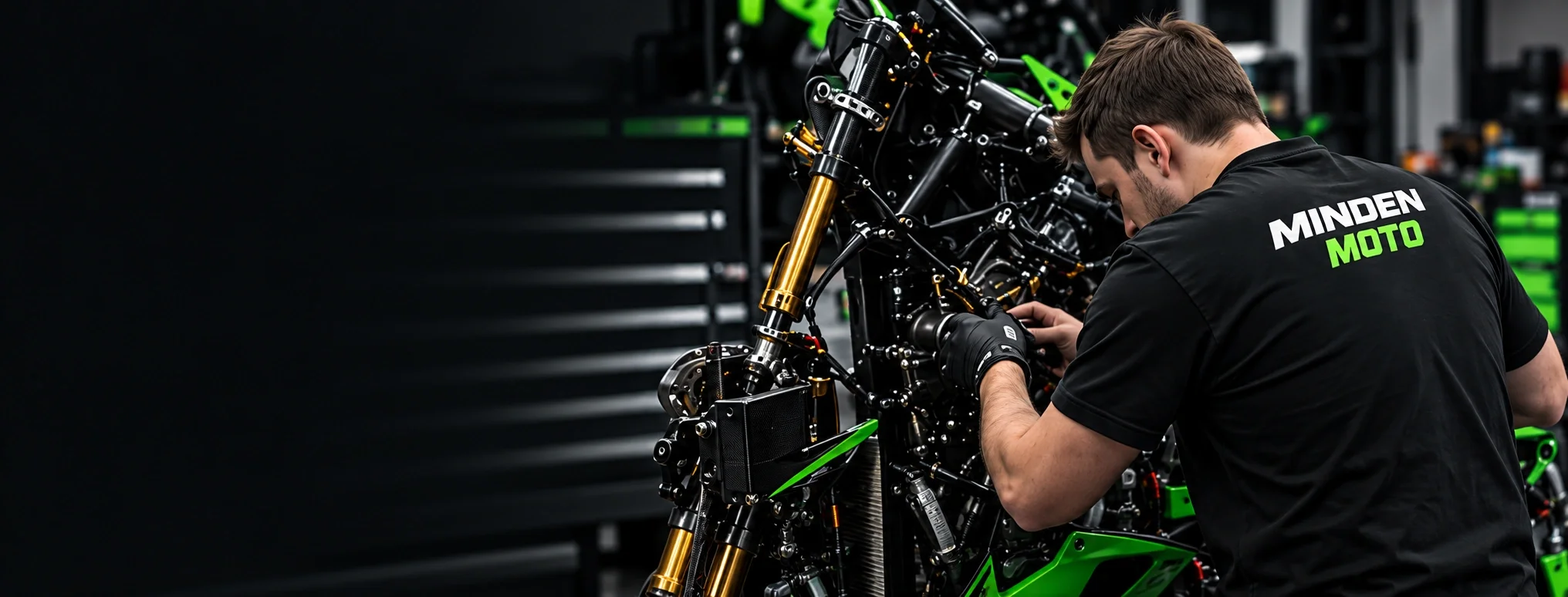 Mechanic in the Minden Moto workshop preparing a race motorcycle