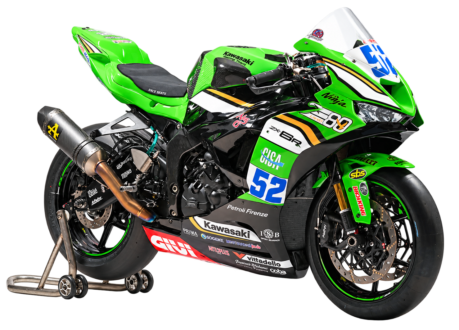 Number 52 Kawasaki ZX-6R race bike on a paddock stand