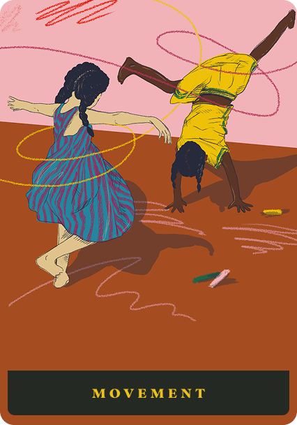 The Movement card: two children twirling hula hoops and cartwheeling across a terracotta floor