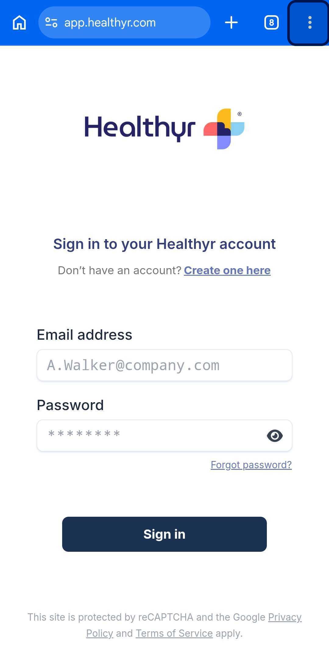 Android Chrome browser showing three dots menu