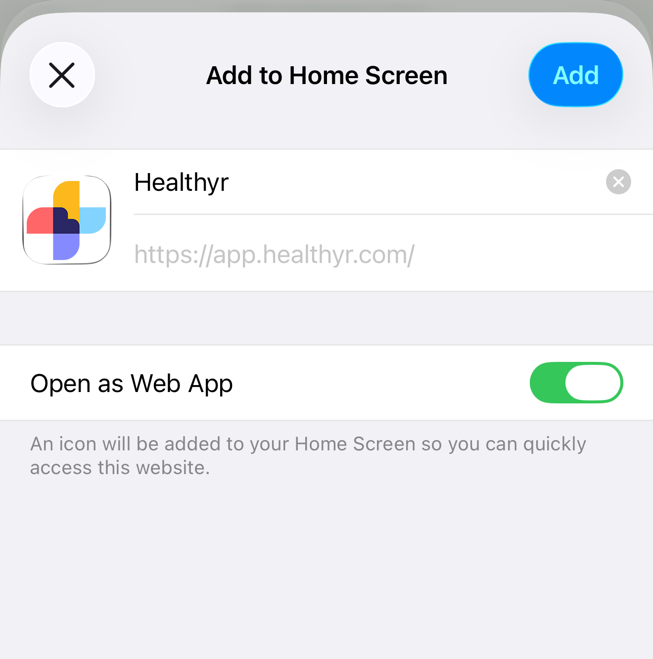 Safari Add to Home Screen confirmation dialog