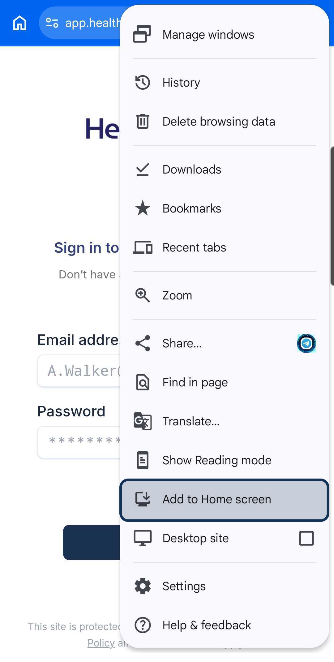 Android Chrome menu with Add to Home screen option