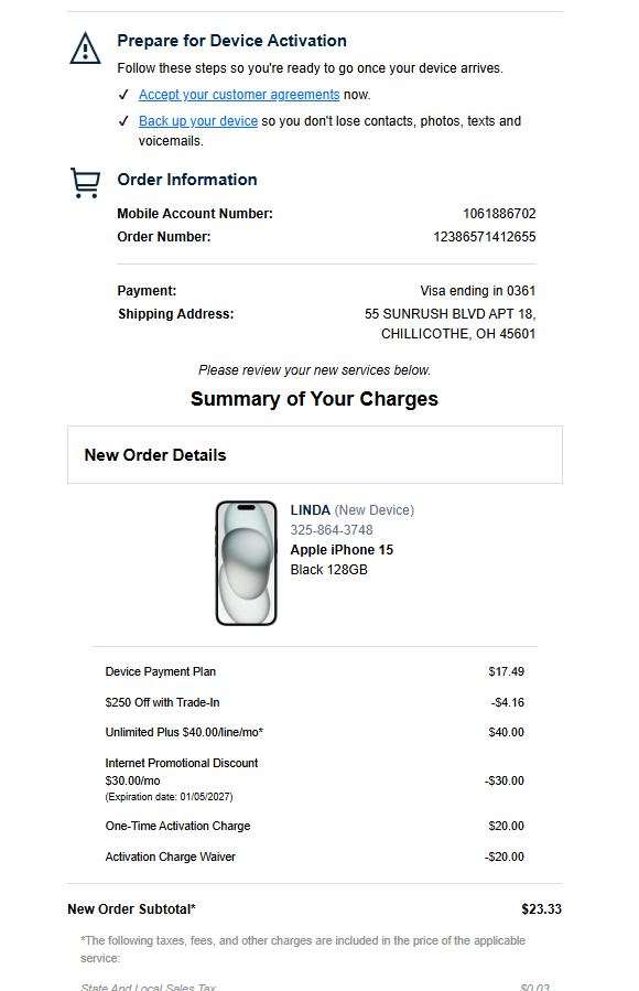 Buyflow screen showing $20 activation fee during mobile line purchase