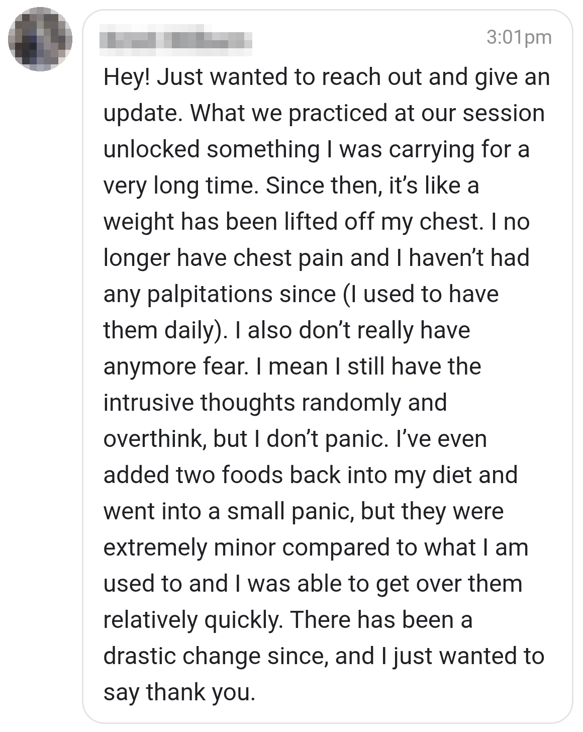 A message from a client describing her progress after a session