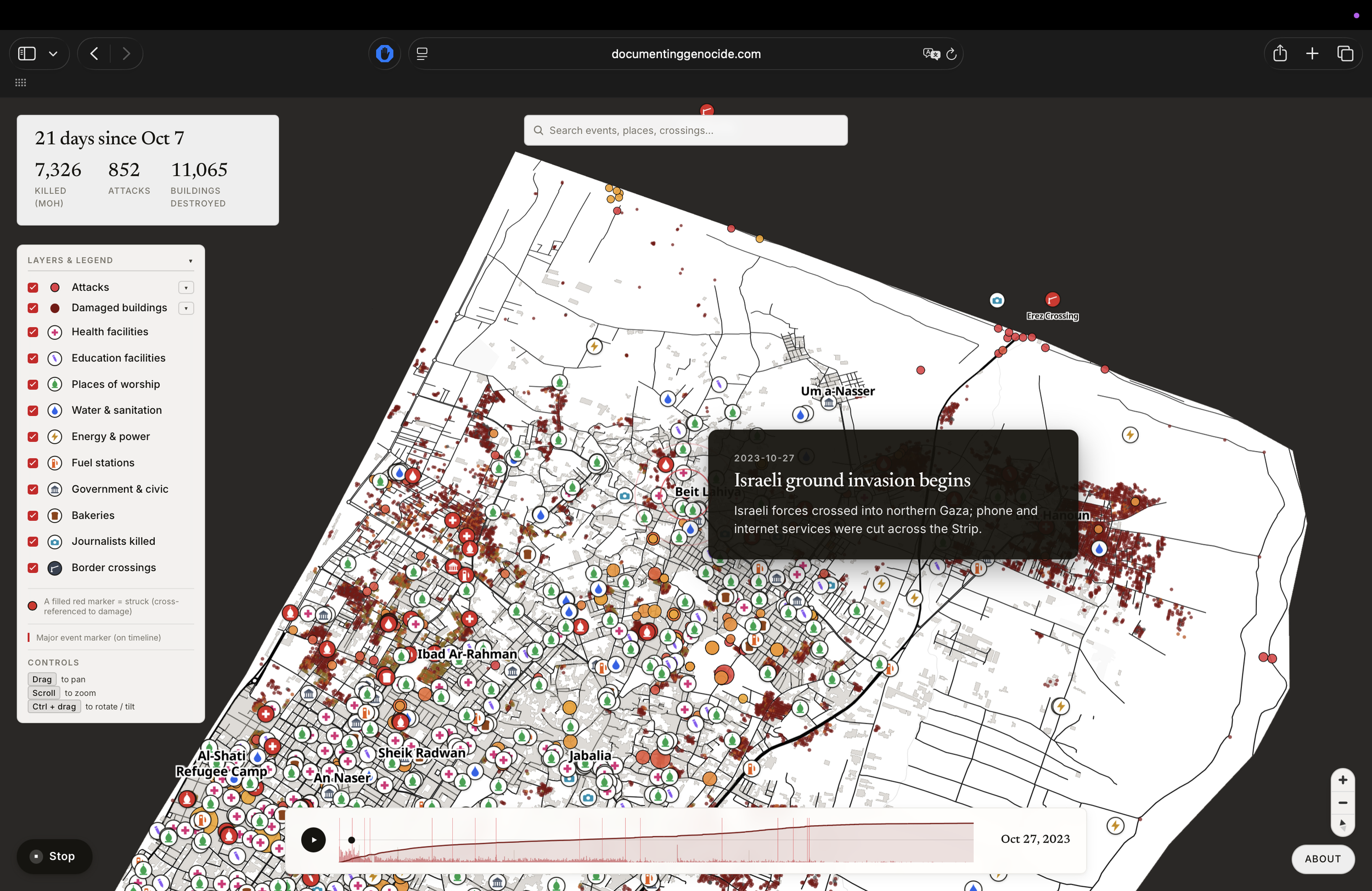 The Documenting Genocide map at day 21 of the genocide, showing the curated event card for the Israeli ground invasion of Gaza.