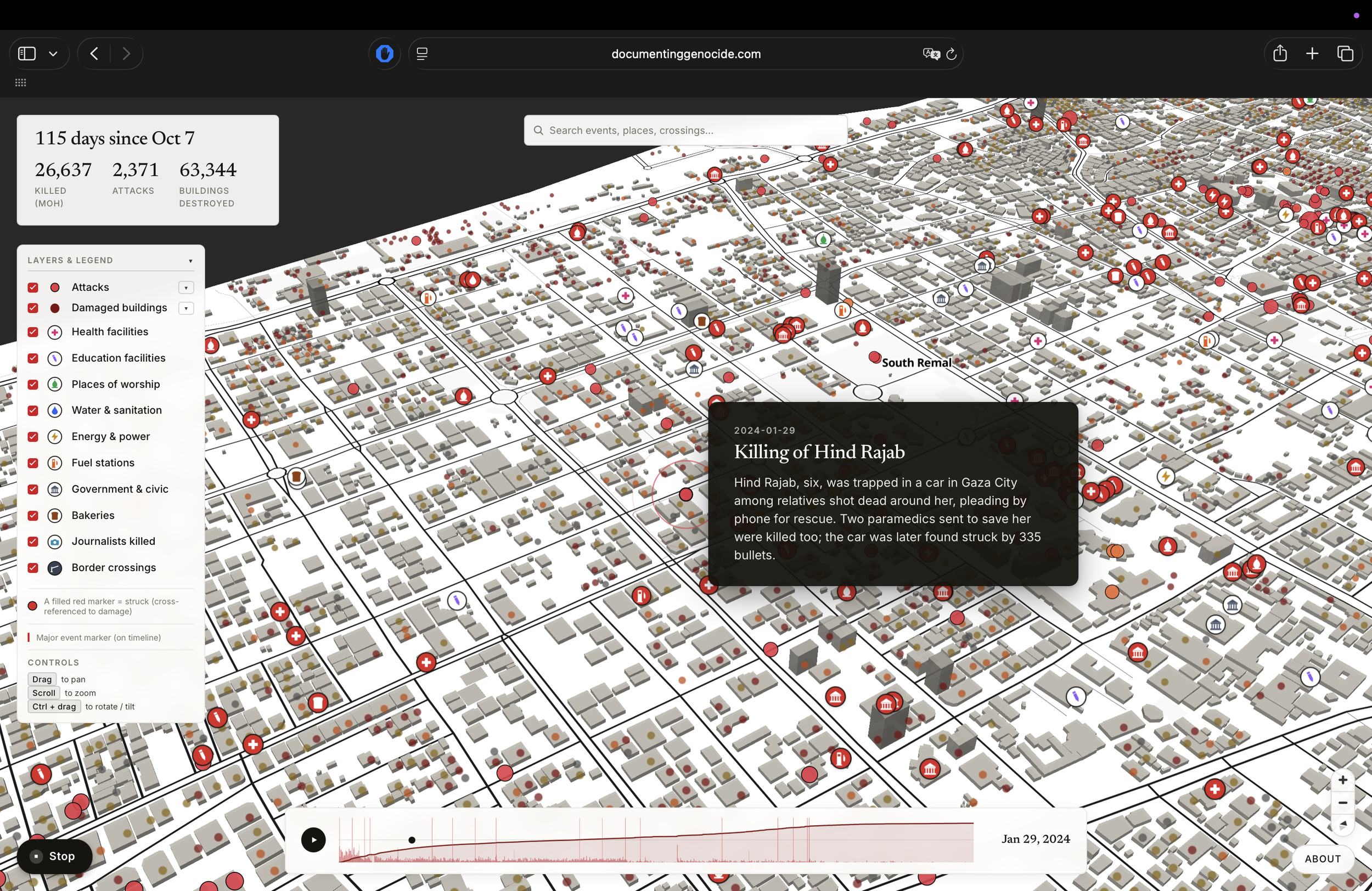 The Documenting Genocide map showing the curated event card for the killing of Hind Rajab.